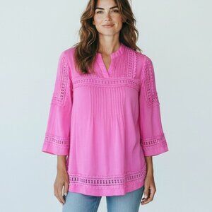 Crown & Ivy Crochet Trim Long Sleeve Blouse S Pink #235F